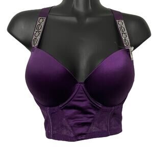 Bebe Womens Bra Size 38C Push Up Longline Bra Rhinstone Adjustable Straps Purple